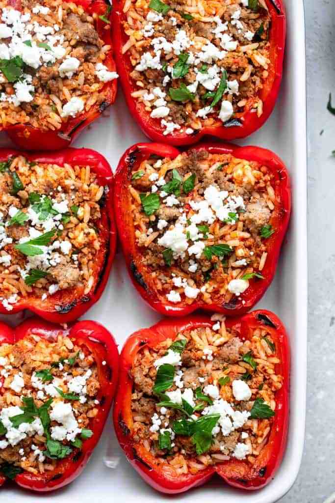 Grilled Stuffed Mediterranean Bell Peppers with ground chicken