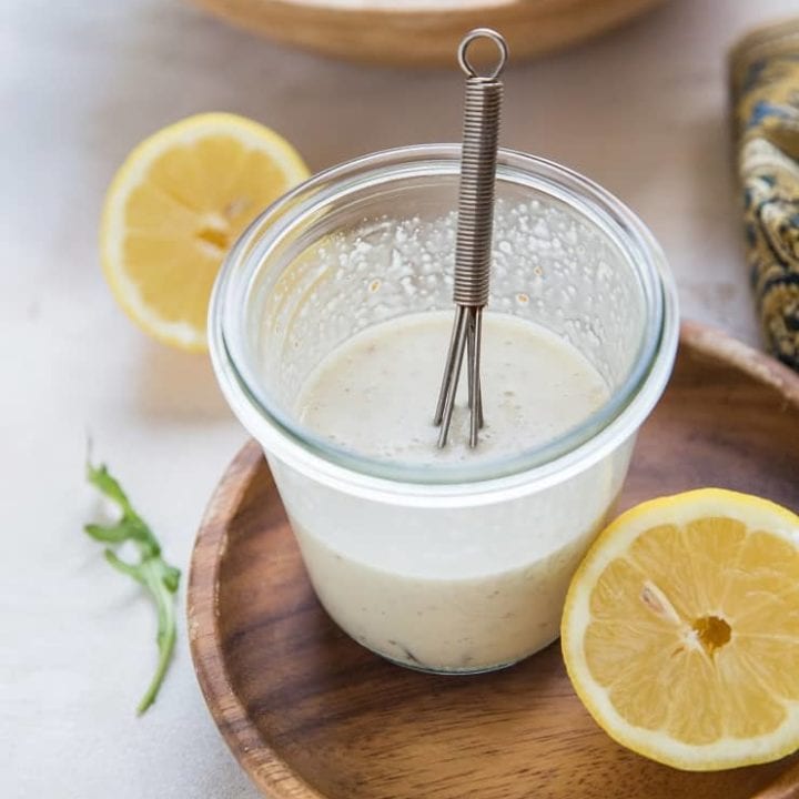 Jar of lemony Caesar Salad Dressing