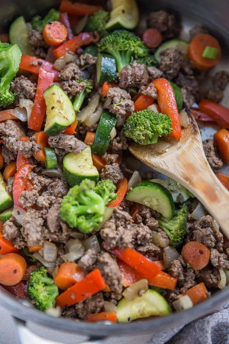 Close up photo of skillet of Teriyaki Beef and vegetables