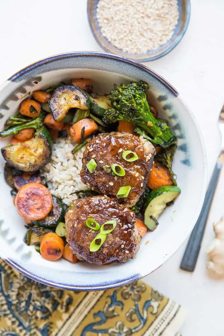 Paleo Teriyaki Meatballs with steamed brown rice and sauteed vegetables