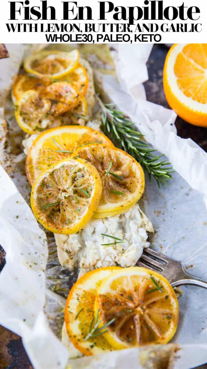 Fish en Papillote with Butter, Garlic, Rosemary, and Lemon is an easy main dish resulting in moist, tender, flavorful fish! Serve it up with your favorite side dishes for a lovely well-balanced meal. Paleo, keto, low-carb, whole30, and delicious!