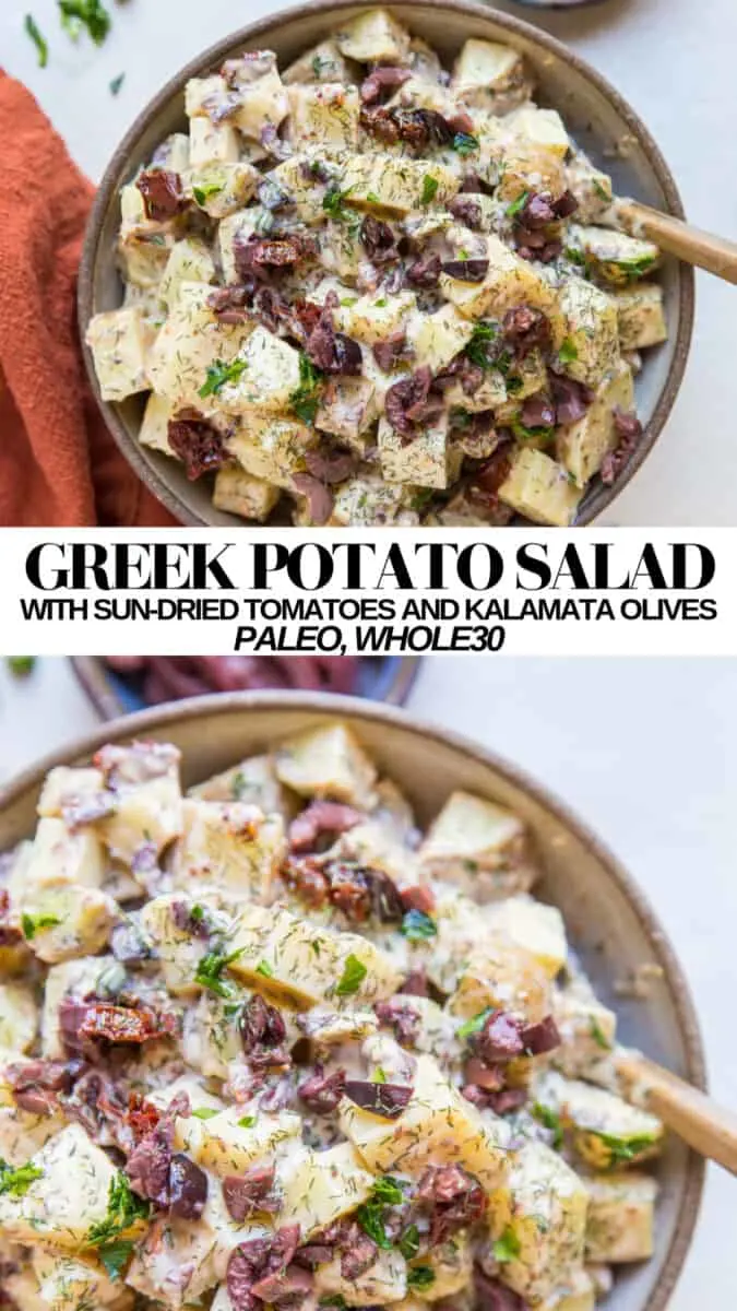 Greek Potato Salad with jewel yams, sun-dried tomatoes, kalamata olives, dill and more. A lighter paleo, whole30 potato salad recipe.