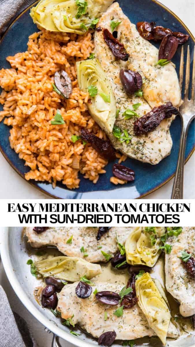 Mediterranean Chicken Breasts with artichoke hearts, sun-dried tomatoes, and kalamata olives - an easy paleo, keto, whole30 DINNER RECIPE