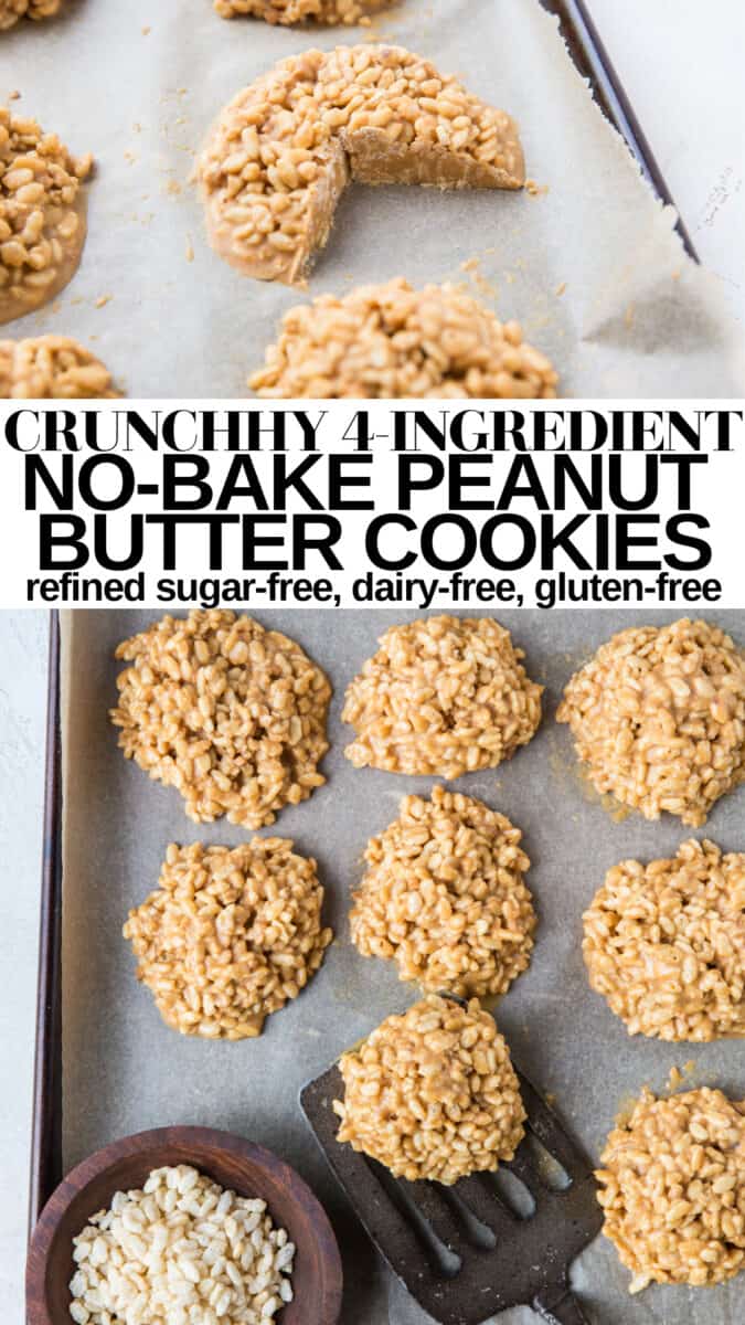 Crunchy 4-Ingredient No-Bake Peanut Butter Cookies with puffed rice. Refined sugar-free, dairy-free, gluten-free and healthy!