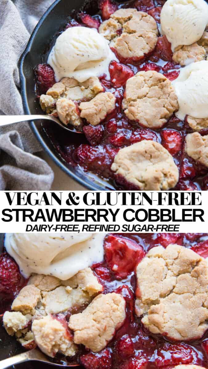 6-Ingredient Vegan Strawberry Cobbler made gluten-free, dairy-free, and refined sugar-free for a healthier dessert recipe. This fresh, easy cobbler recipe comes together in a pinch and only requires 6 ingredients!