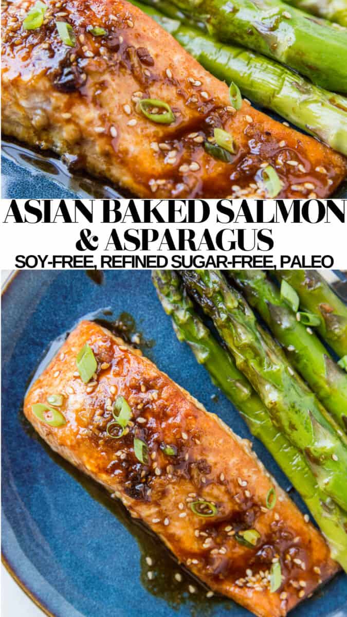 Asian Baked Salmon with an amazing garlic glaze. Pair it with roasted asparagus for an amazing healthy meal! Paleo, clean and delicious!