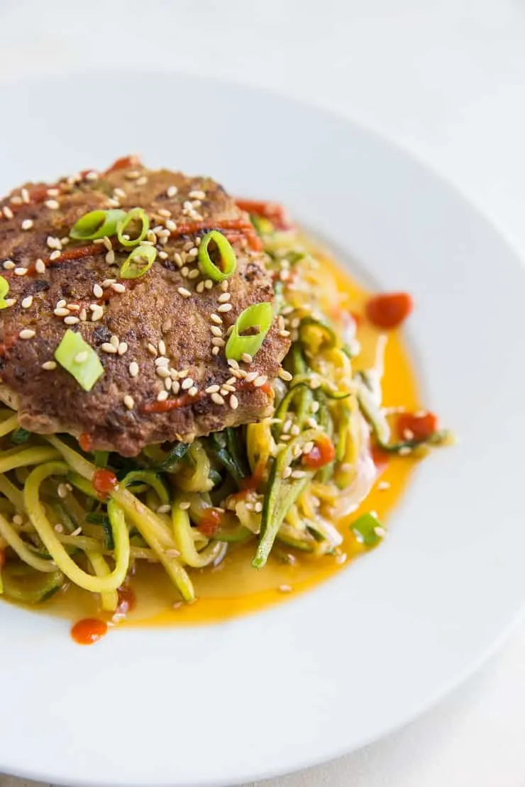 Asian Turkey Burgers with Garlicky Zucchini Noodles - a healthy clean dinner recipe - paleo, whole30, keto, low-carb