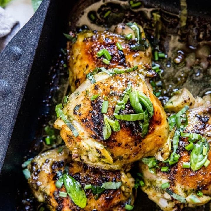 Basil Baked Chicken - chicken thighs marinated in fresh basil marinade for an amazing healthy main dish