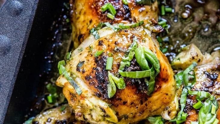 Basil Baked Chicken - chicken thighs marinated in fresh basil marinade for an amazing healthy main dish
