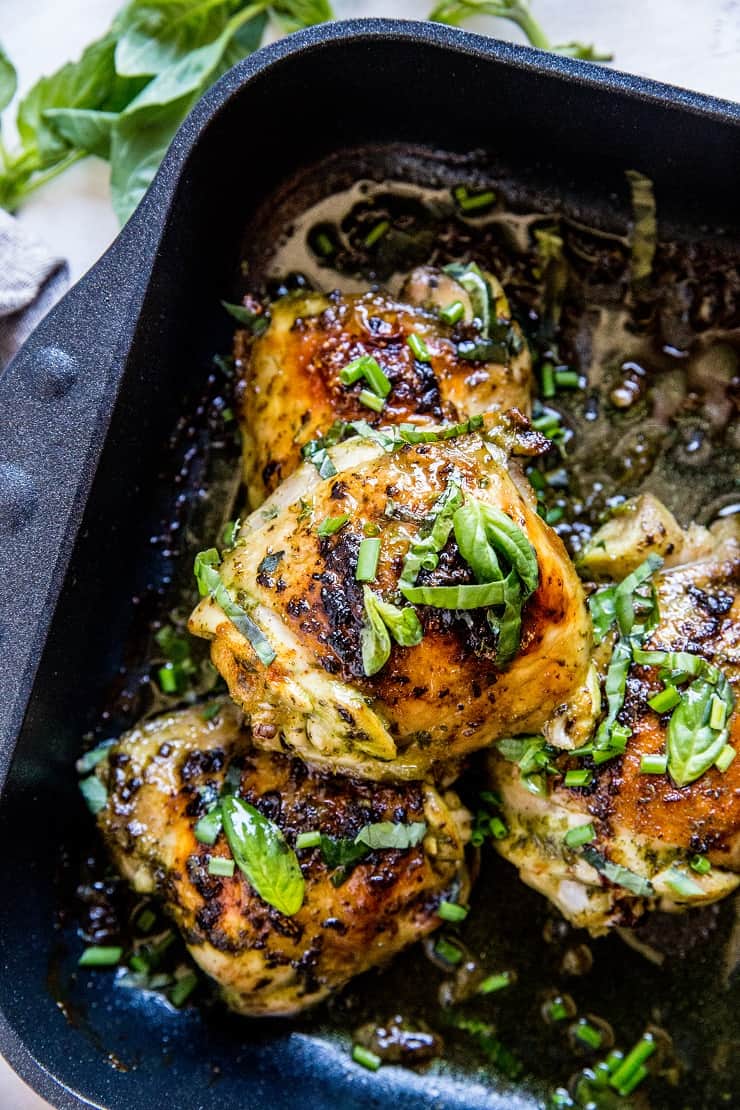 Basil Baked Chicken - chicken thighs marinated in fresh basil marinade for an amazing healthy main dish