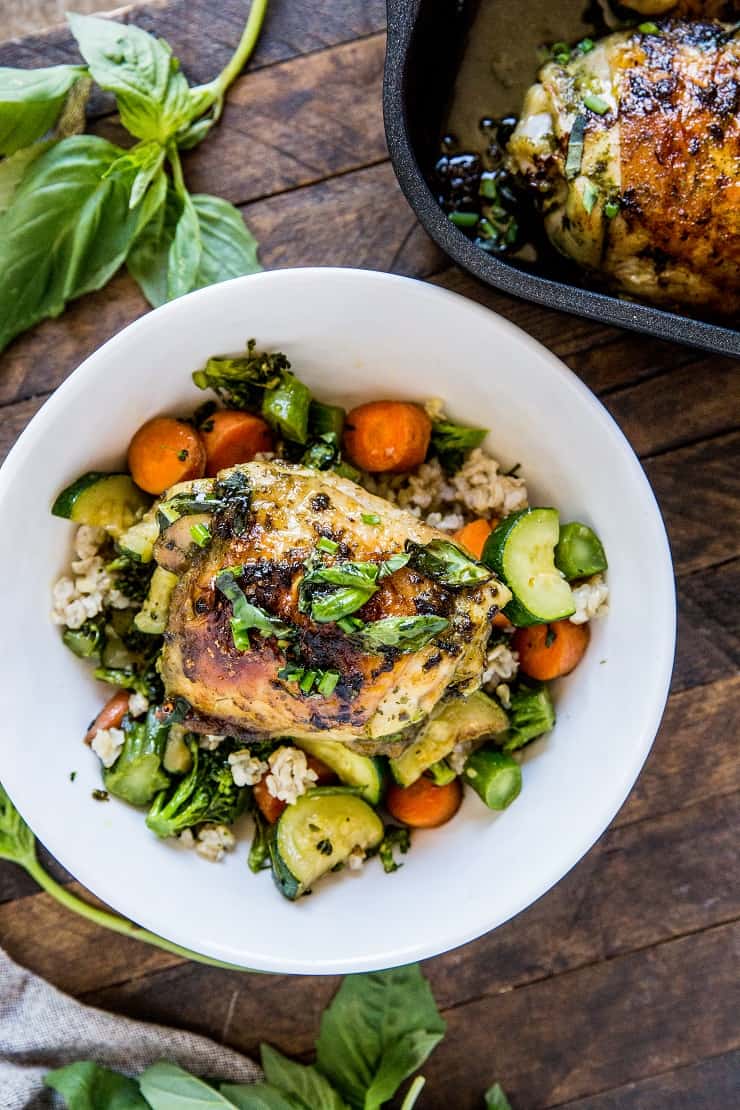 Basil Baked Chicken Bowls with Sauteed Vegetables and Brown Rice