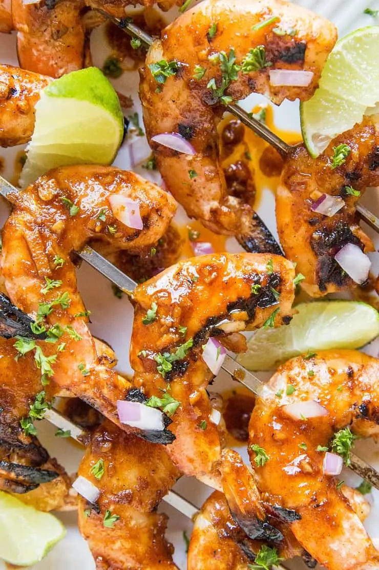 Chili Lime Grilled Shrimp Skewers - healthy, low-carb BBQ shrimp with a sweet and zesty chili lime glaze. Perfect as an appetizer or main dish.