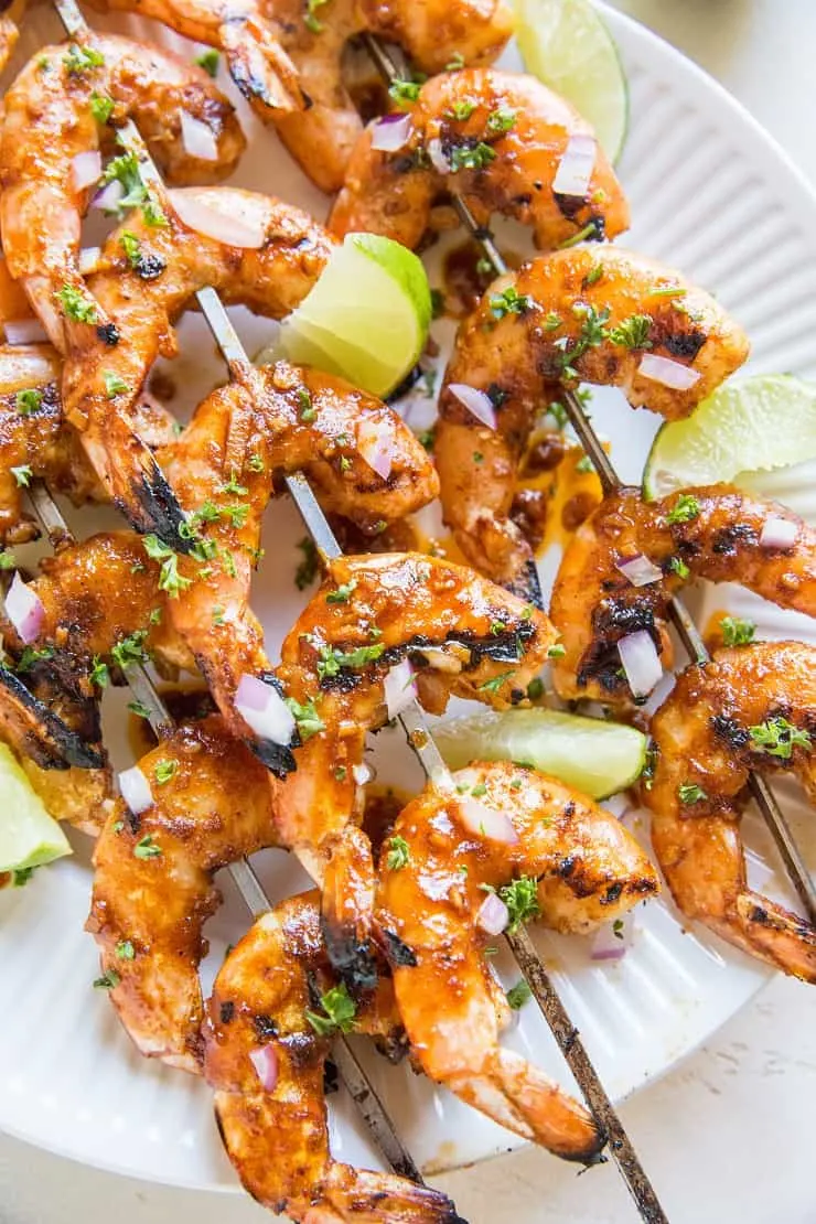 Chili Lime Grilled Shrimp - easy BBQ shrimp skewers recipe that is sweet, tangy, paleo, keto and delicious!