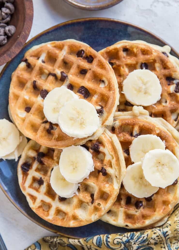 Gluten-Free Dairy-Free Chocolate Chip Sourdough Waffles - amazing light and fluffy, crispy waffles