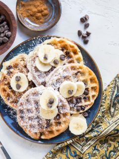 Chocolate Chip Sourdough Waffles - dairy-free, refined sugar-free, cinnamony and delicious