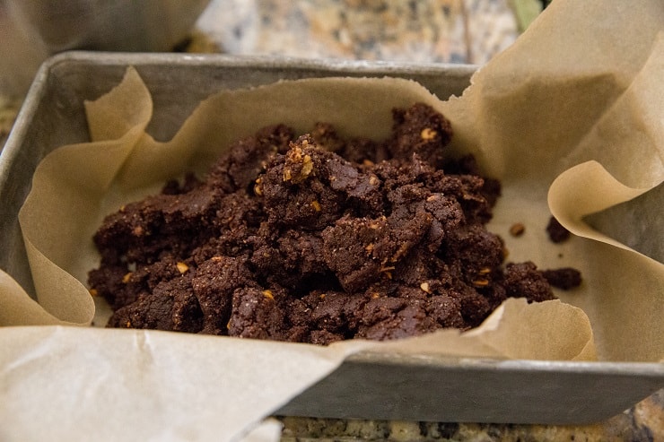 brownie batter in a loaf pan