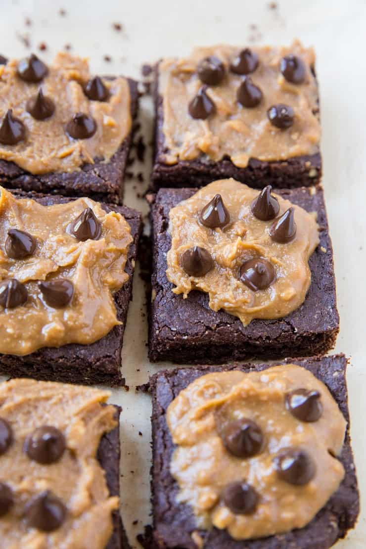 Grain-Free Vegan Peanut Butter Brownies made with almond flour, coconut oil, and coconut sugar. A healthy brownie recipe