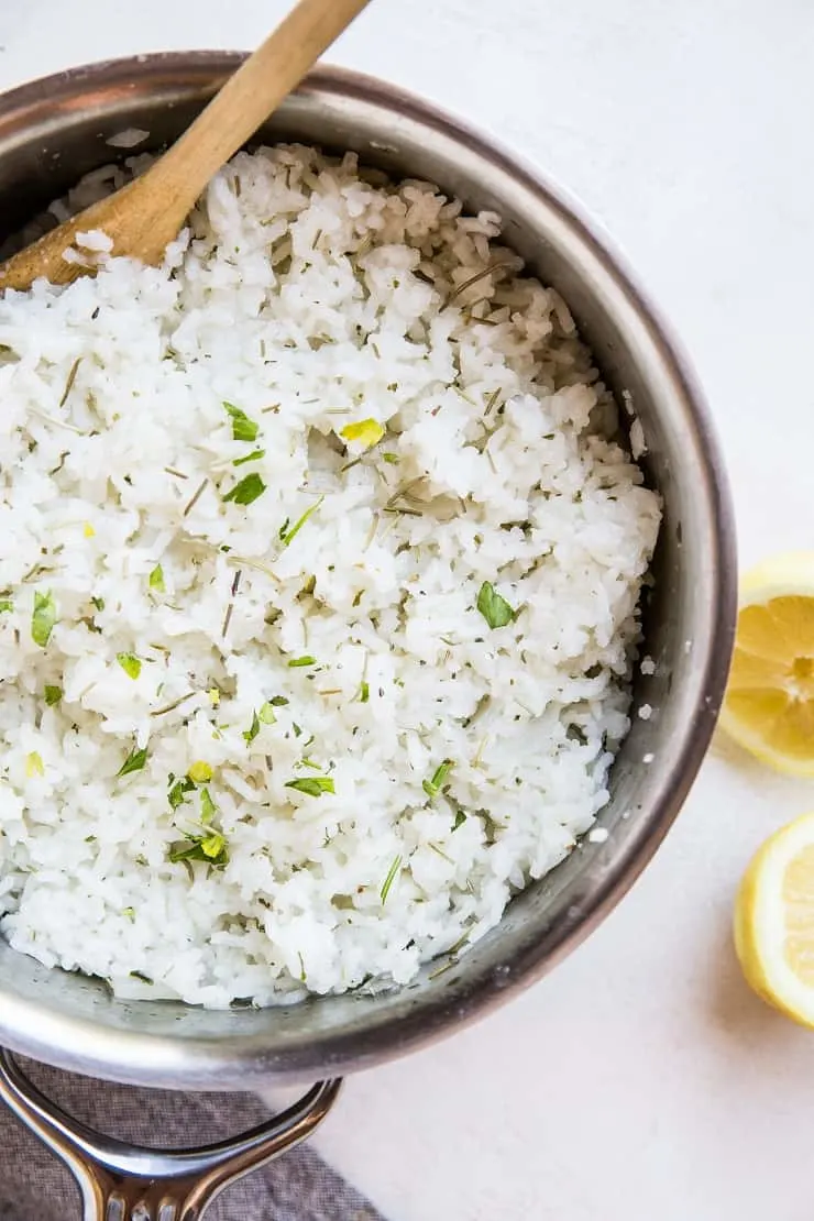 Buttery Lemon Garlic Rosemary Rice with onion and dried herbs