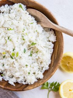 Zesty Buttery Lemon Rosemary Rice with sauteed onion and garlic is a flavorful side dish for any meal