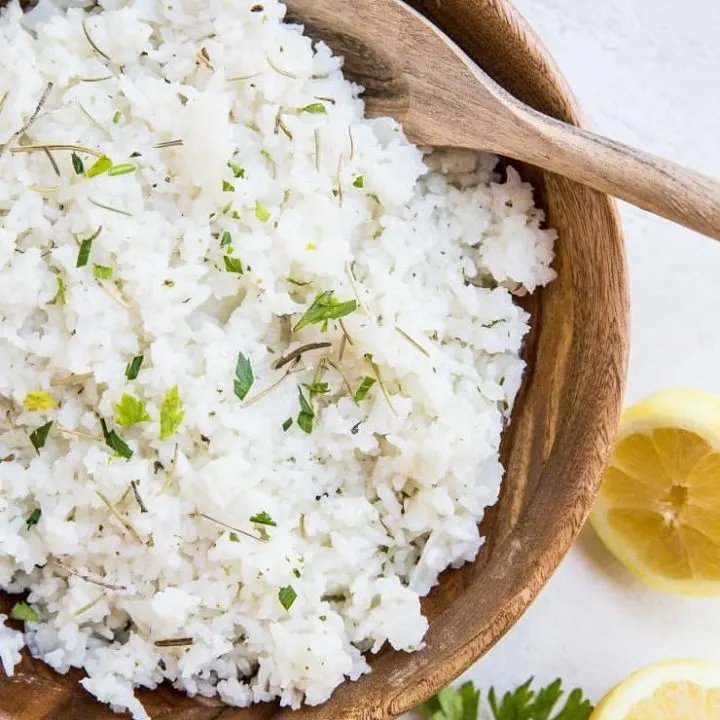 Zesty Buttery Lemon Rosemary Rice with sauteed onion and garlic is a flavorful side dish for any meal