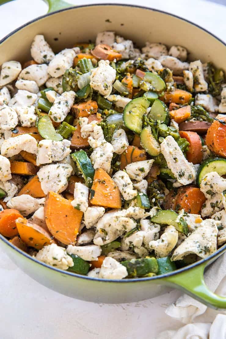 Big pot of meal prep chicken and vegetables - clean, filling paleo, whole30 lunch or dinner recipe that makes 5 meals.