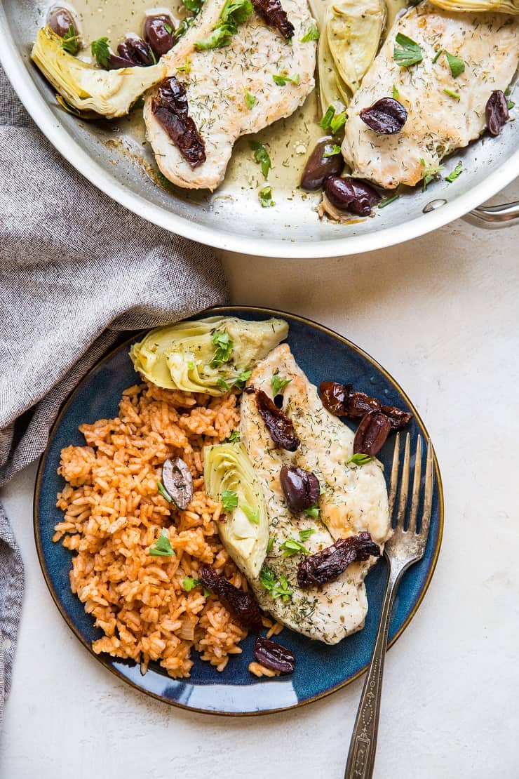 Mediterranean Chicken made in one skillet with 7 ingredients. An easy, healthy dinner recipe