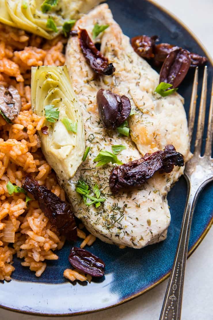 Easy 7-Ingredient Mediterranean Chicken Breasts with sun-dried tomatoes and artichoke hearts. An easy, paleo, keto meal
