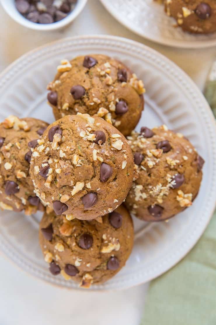 Gluten-Free Chocolate Chip Zucchini Muffins - dairy-free, refined sugar-free healthy zucchini muffins with chocolate chips and walnuts