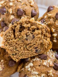 Gluten-Free Chocolate Chip Zucchini Muffins - dairy-free, refined sugar-free healthy zucchini muffins with chocolate chips and walnuts