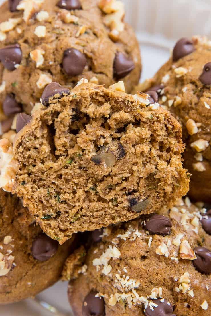 Gluten-Free Chocolate Chip Zucchini Muffins - dairy-free, refined sugar-free healthy zucchini muffins with chocolate chips and walnuts