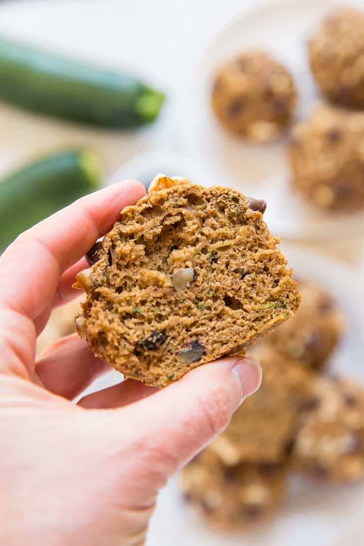 Gluten-Free Chocolate Chip Zucchini Muffins - dairy-free, refined sugar-free healthy zucchini muffins with chocolate chips and walnuts