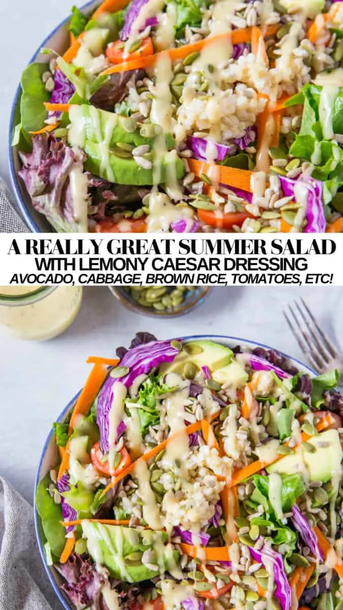 Just a really great, easy green summer salad recipe with spring greens, avocado, sunflower seeds, carrot, cherry tomatoes, brown rice, and more! This nourishing, light yet filling entree salad recipe for dinners or lunches will keep you satisfied during the hot summer months.