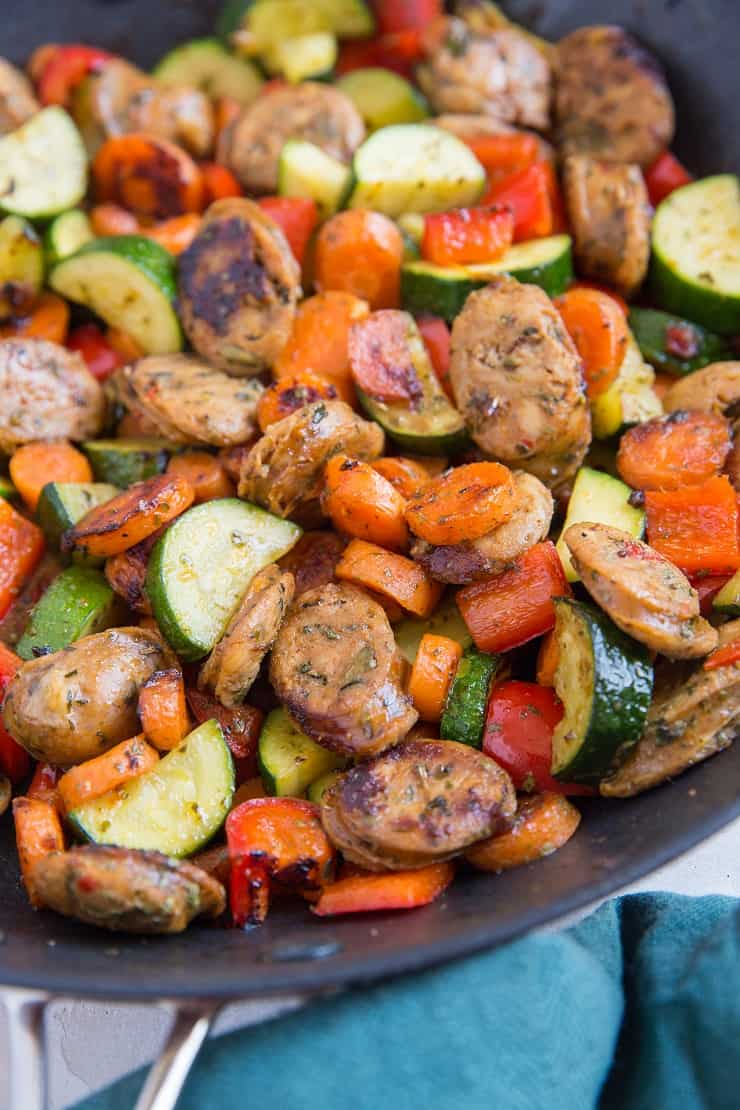 20-Minute Vegetable and Sausage Skillet with zucchini, carrots, and bell pepper