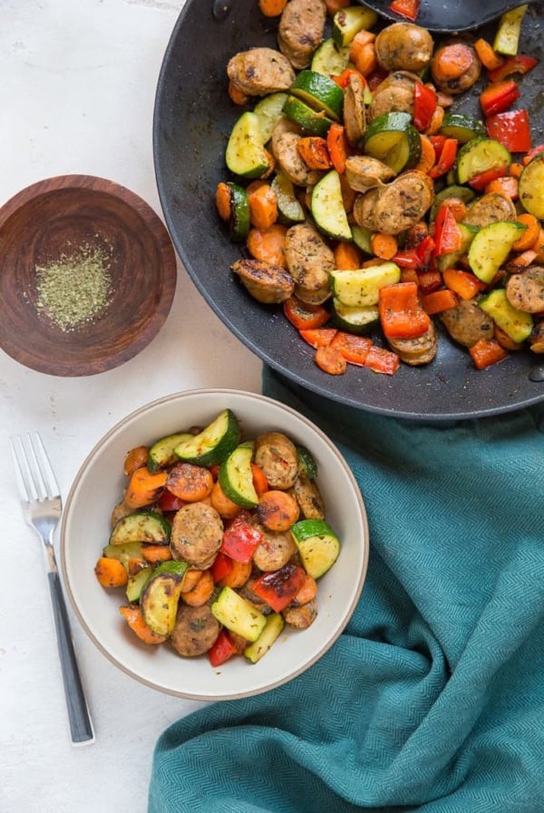 20-Minute Vegetable and Sausage Skillet with zucchini, carrots, and bell pepper