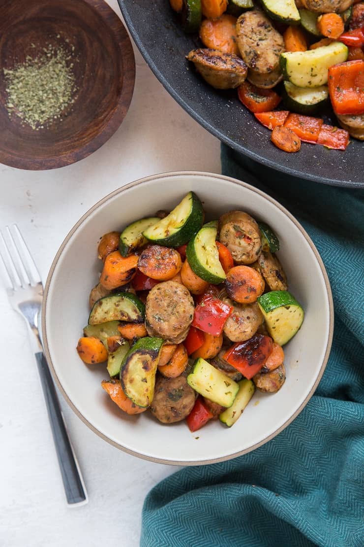 20-Minute Vegetable and Sausage Skillet with zucchini, carrots, and bell pepper