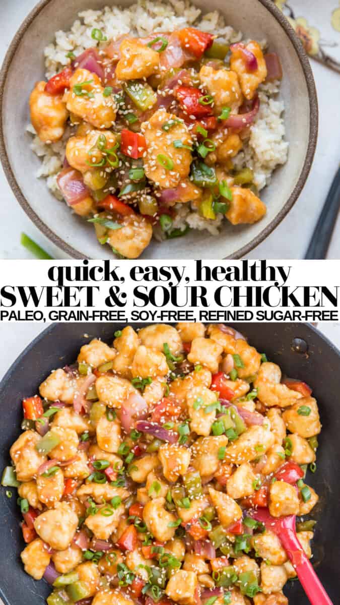 Healthy Sweet and Sour Chicken made grain-free, soy-free and refined sugar-free. paleo friendly. An easy healthy dinner recipe that can be made any night of the week! #chinesefood #paleo #lowcarb #soyfree #healthy