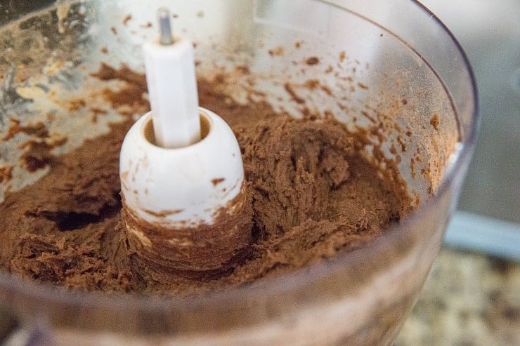 Vegan black bean cookie dough in a food processor