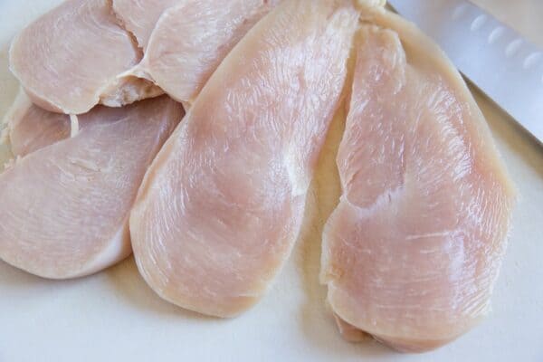 thinly sliced chicken breasts on a plate