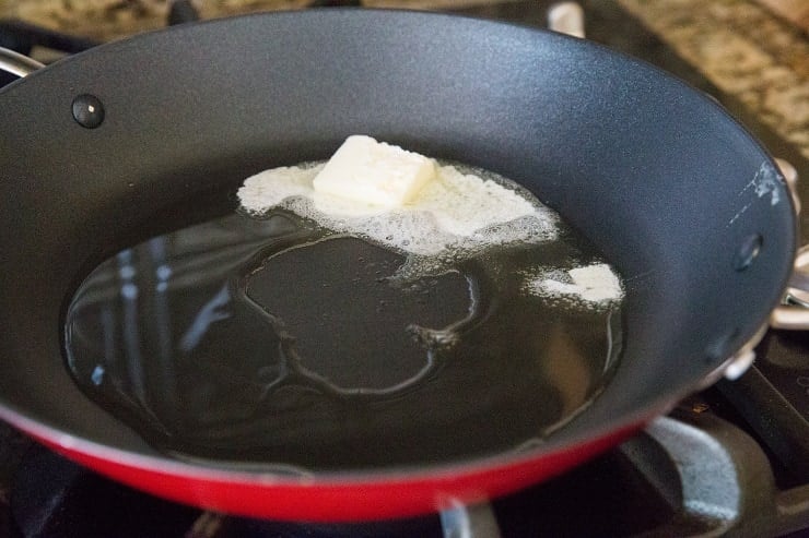Butter and oil in a skillet for pan frying chicken