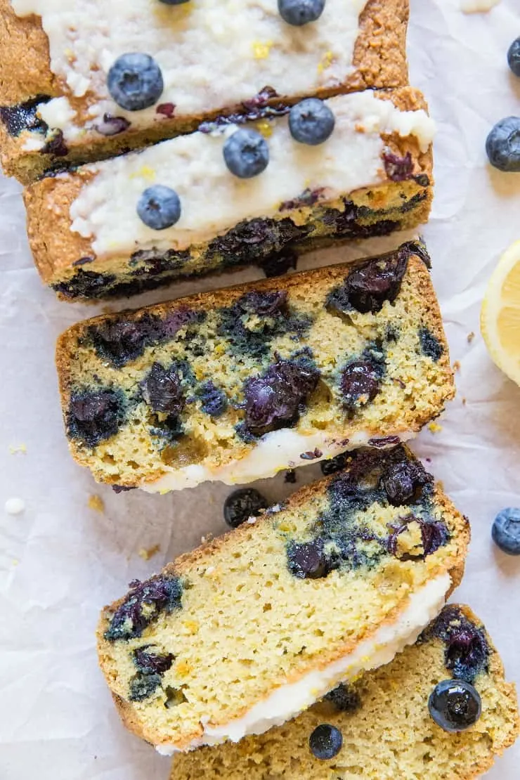 Paleo Lemon Blueberry Bread with coconut flour, tapioca flour and pure maple syrup - dairy-free, gluten-free, healthy blueberry bread recipe