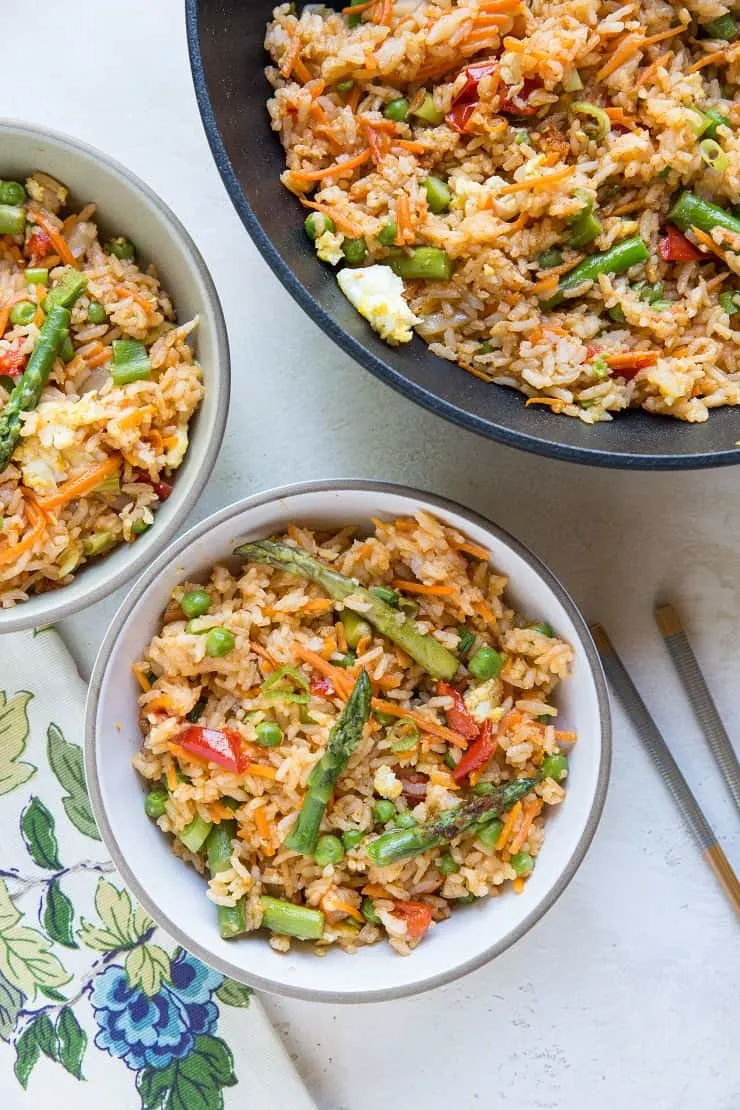 Thai Red Curry Fried Rice with Vegetables - asparagus, bell pepper, peas, and more!