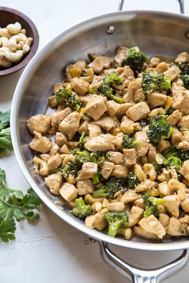 Sesame Ginger Cashew Chicken with Broccoli - a healthy dinner recipe that is paleo, keto, whole30, and low-carb