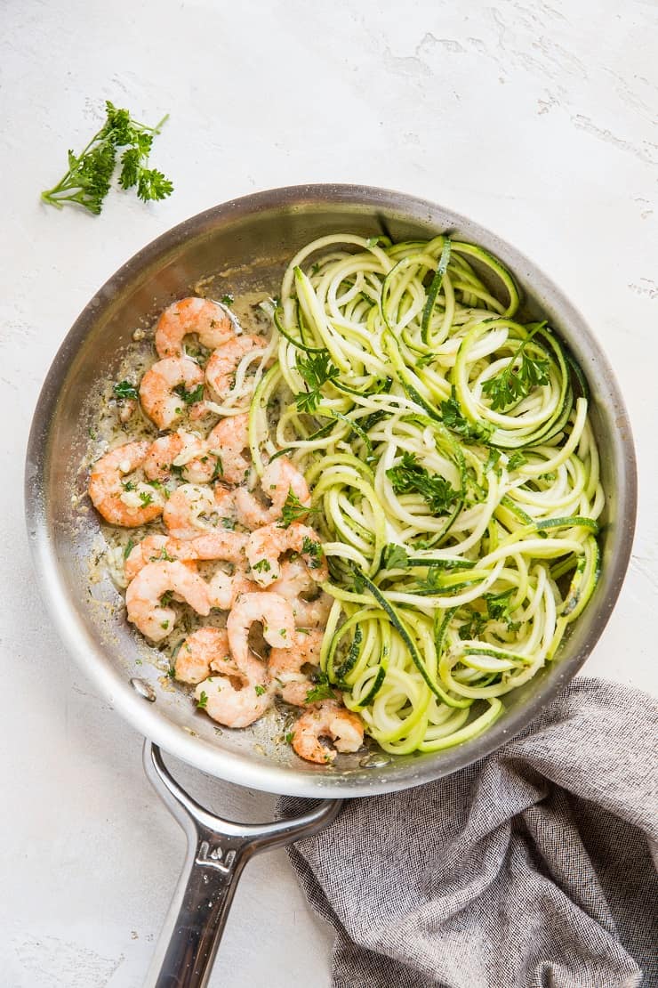 Low-Carb Shrimp Scampi with zucchini noodles - shrimp sauteed in butter garlic wine sauce for an amazing meal 