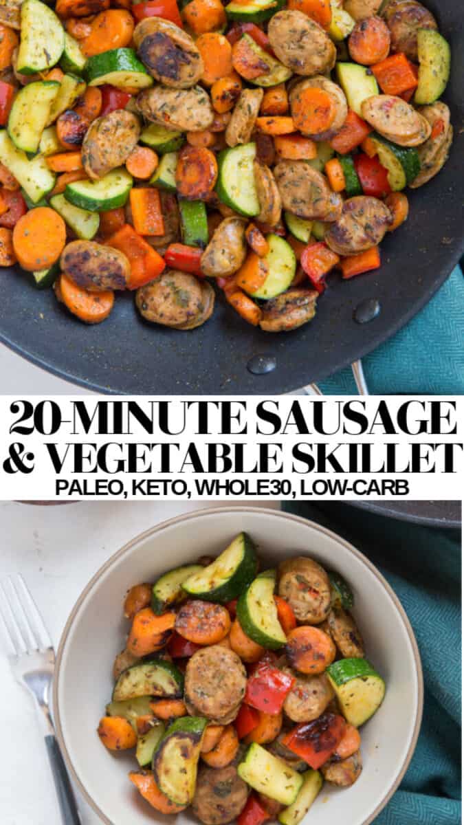 20-Minute Vegetable and Sausage Skillet with zucchini, carrots, and bell pepper - an easy paleo, whole30, keto dinner recipe #lowcarb #keto #Paleo