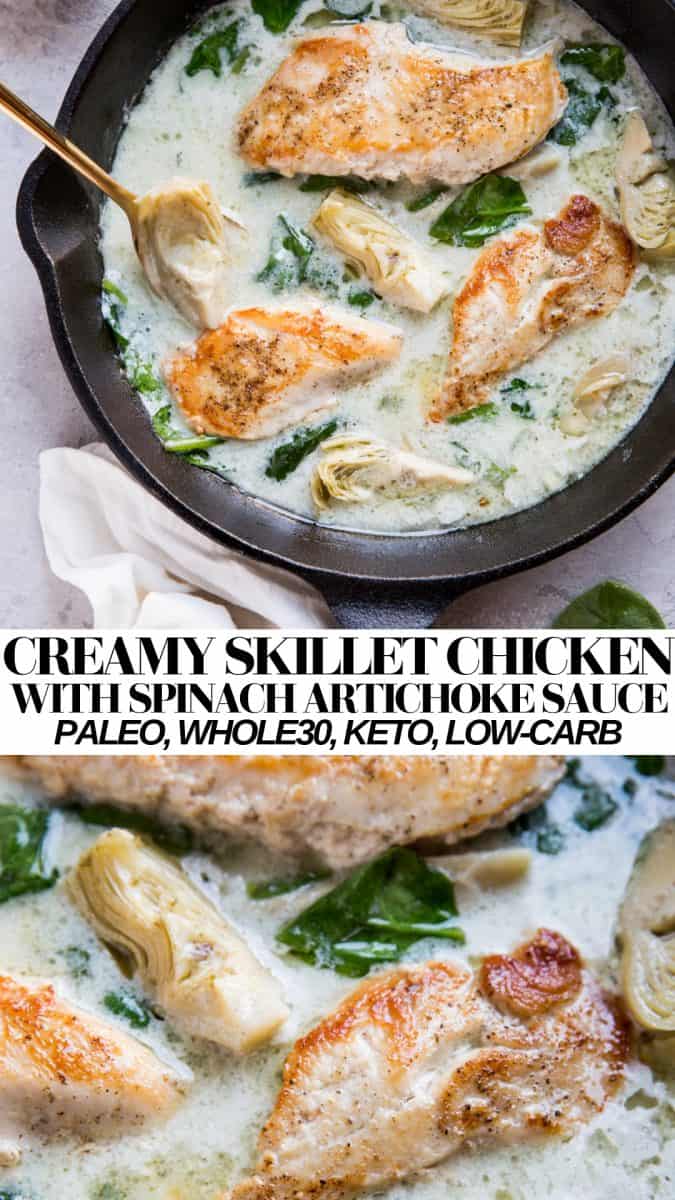 Creamy Chicken with Spinach Artichoke Sauce - an easy, healthy dinner recipe that is paleo, keto, whole30 and delicious! #glutenfree #grainfree #dairyfree #healthyrecipe #chickenrecipe #keto #paleo #lowcarb