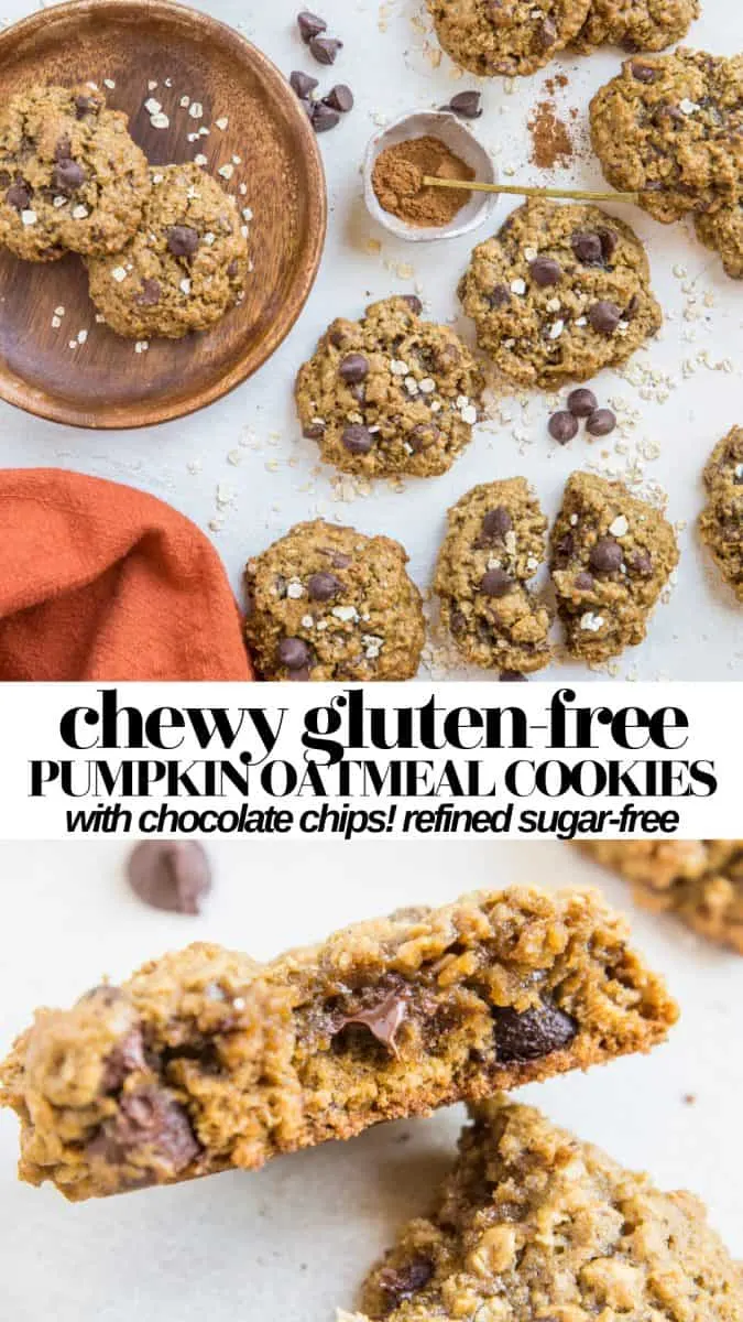 Chocolate Chip Gluten-Free Pumpkin Oatmeal Cookies - refined sugar-free, chewy, warmly-spiced healthy cookie recipe!