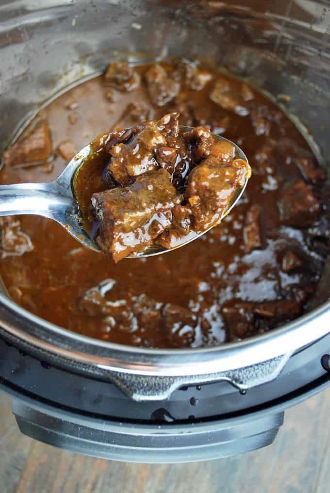 Instant Pot Mediterranean Beef from Amee's Savory Dish is a tender and flavorful beef recipe made with chuck shoulder roast in a delicious balsamic red wine sauce. 
