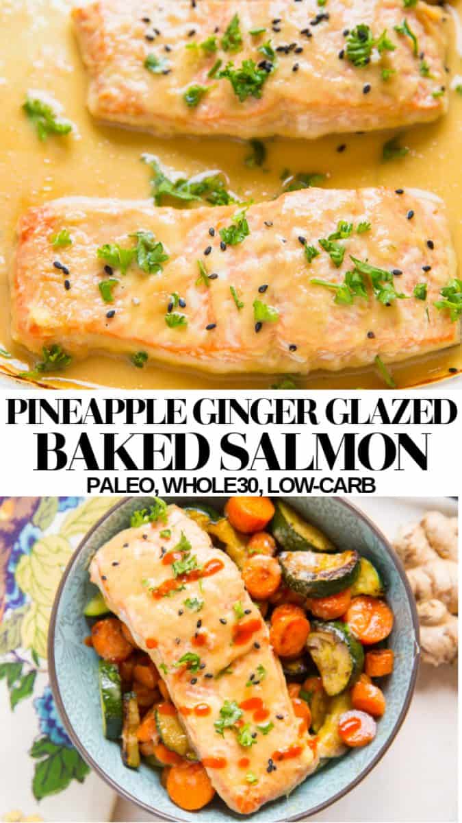 Easy Pineapple Ginger Baked Salmon is a simple, flavorful meal. Paleo, low-carb, whole30, nutritious and delicious! #whole30 #paleo #keto #healthy #dinnerrecipe