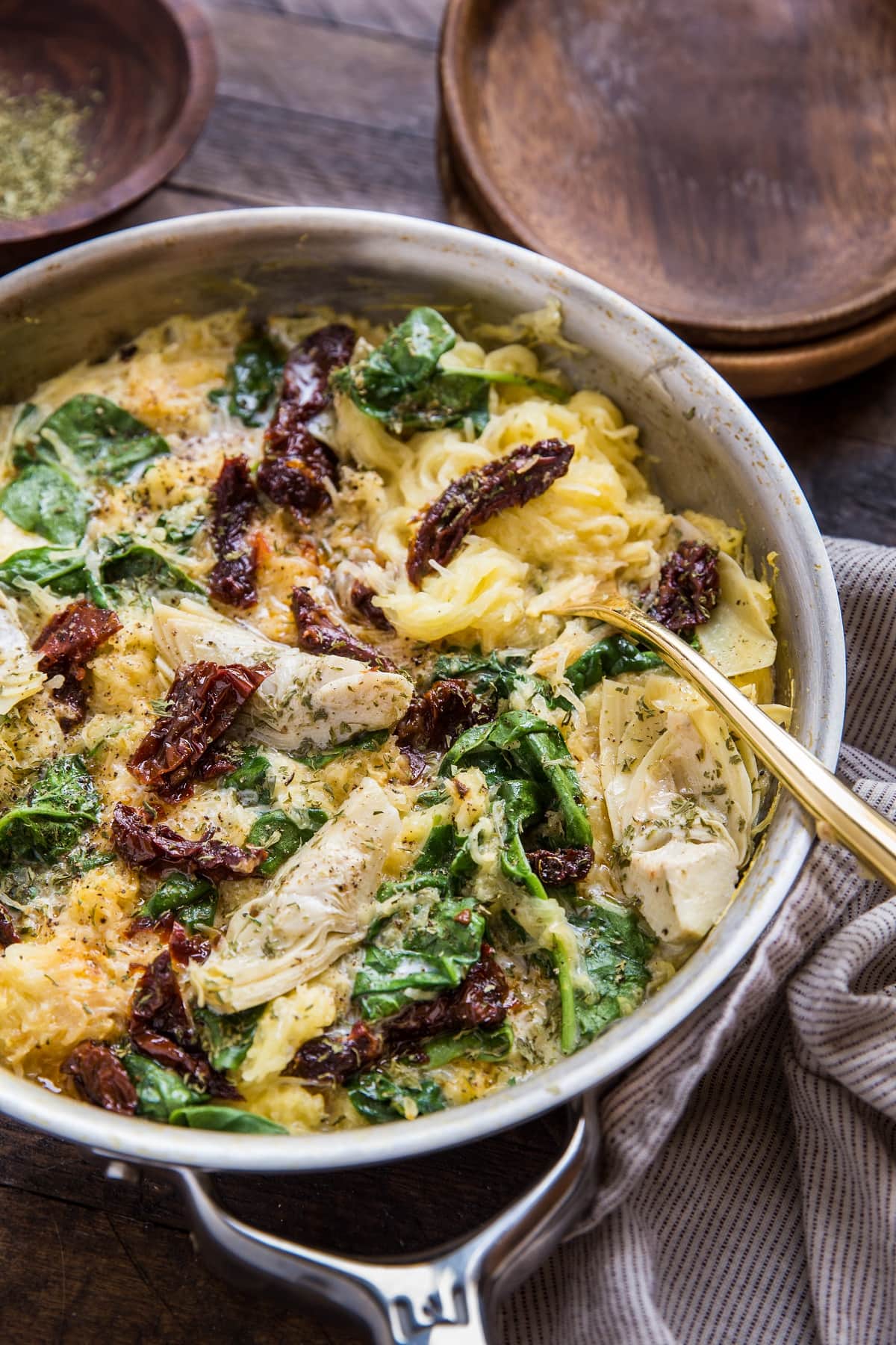 Vegan Creamy Tuscan Spaghetti Squash with Sun-Dried Tomatoes and Spinach - paleo, low-carb, keto healthy side dish or entree