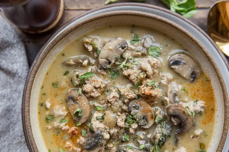 Dairy-Free Cream of Mushroom Soup with Ground Turkey - an easy, healthy whole30, paleo, keto, low-carb, delicious soup recipe. Post includes Instant Pot, stove top, and Crock Pot instructions